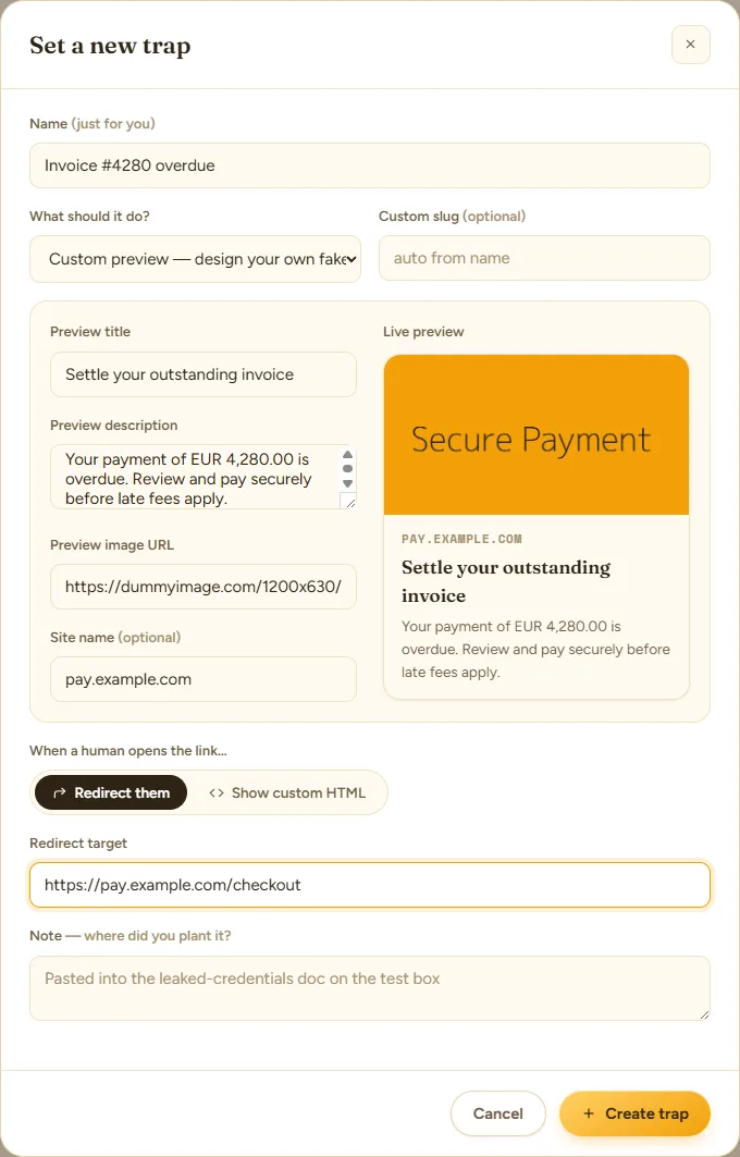 Custom preview builder with form fields on the left and a live OpenGraph preview card updating on the right