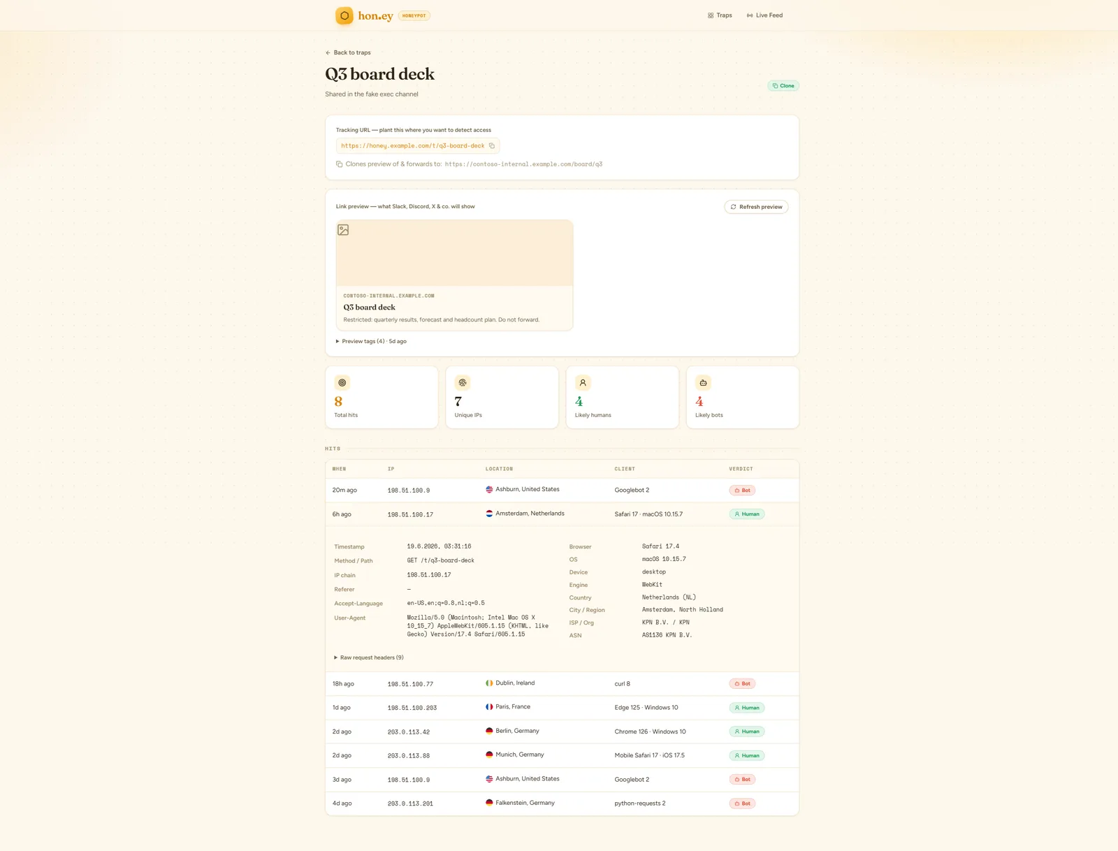 Trap detail page with the hit timeline and one row expanded to reveal full visitor metadata